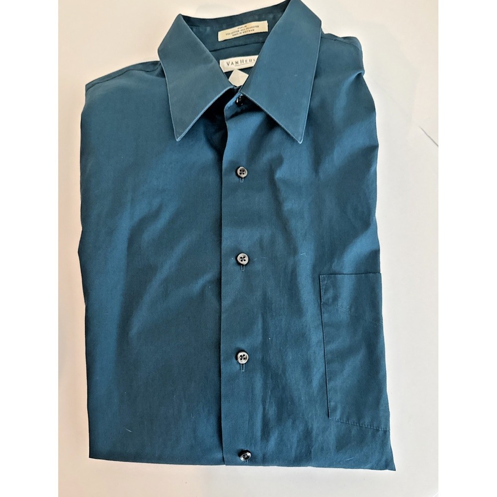 Van Heusen Mens XL Blue Poplin Button Up Shirt Long Sleeve Wrinkle Free 17 34/35